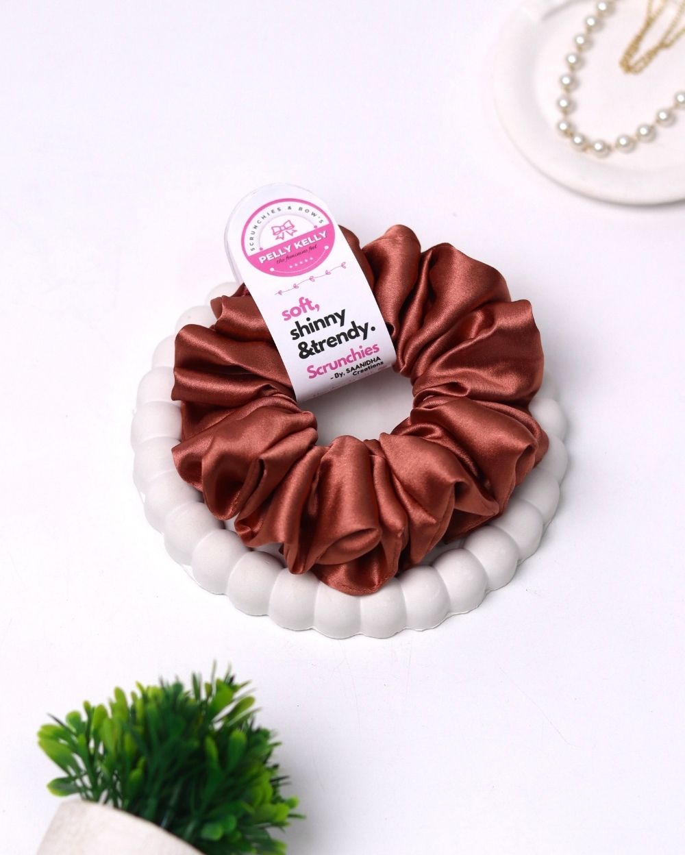 Brown Pink | Silk Satin Scrunchies | L