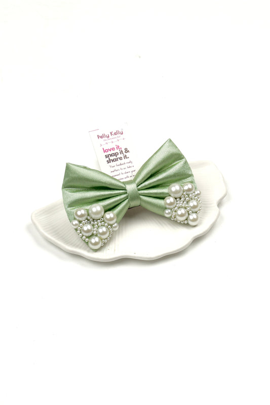 Tealish Green | Premium Satin | Princess Pearl Bow