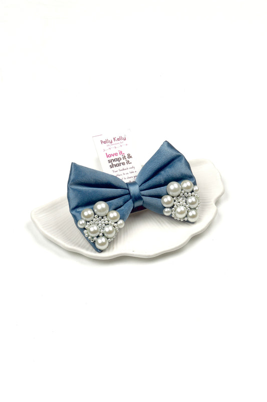Grey Blue | Premium Satin  | Princess Pearl Bow