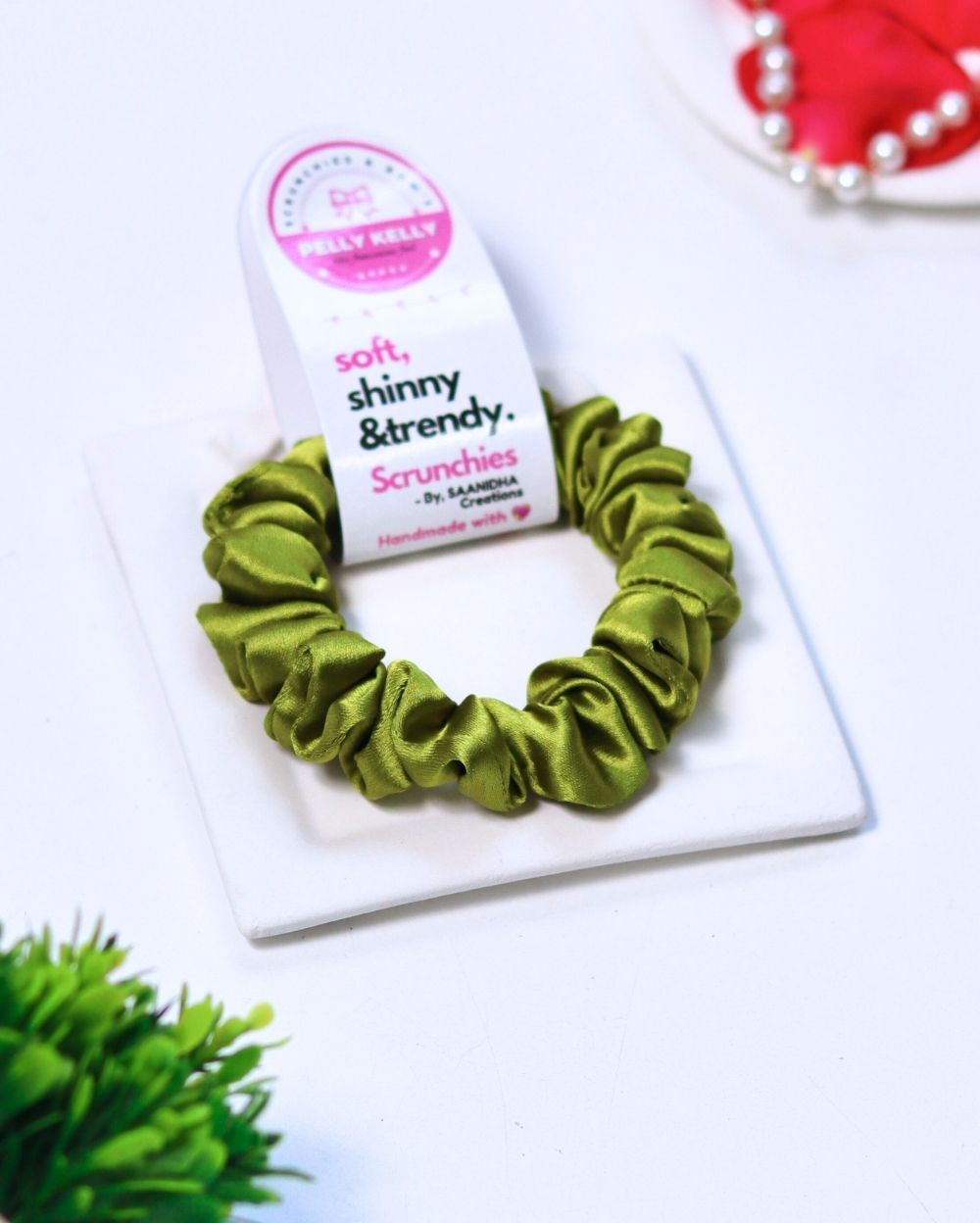 Olive Green | Silk Satin Scrunchies | S
