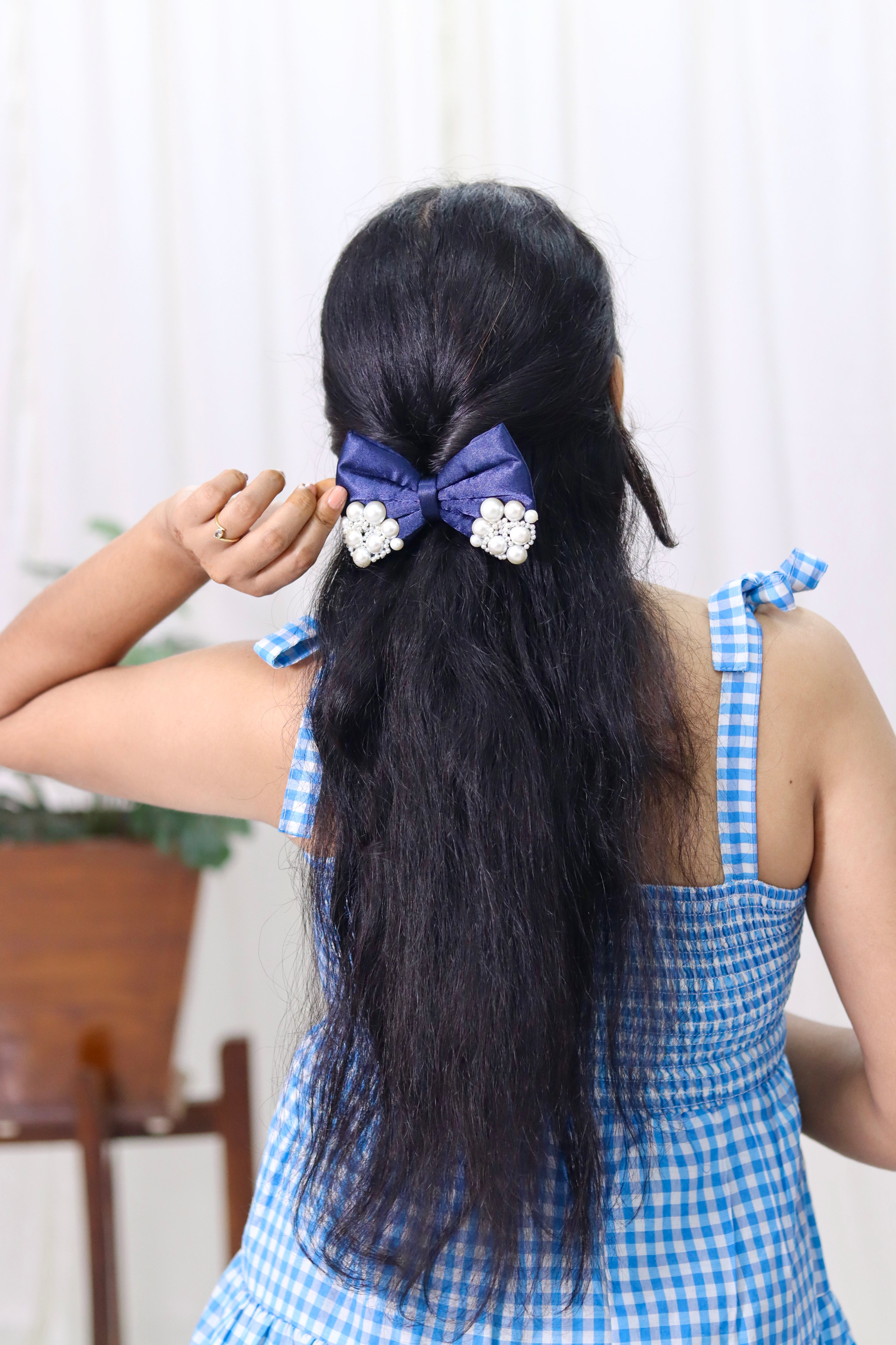 Navy Blue | Premium Satin | Princess Pearl Bow