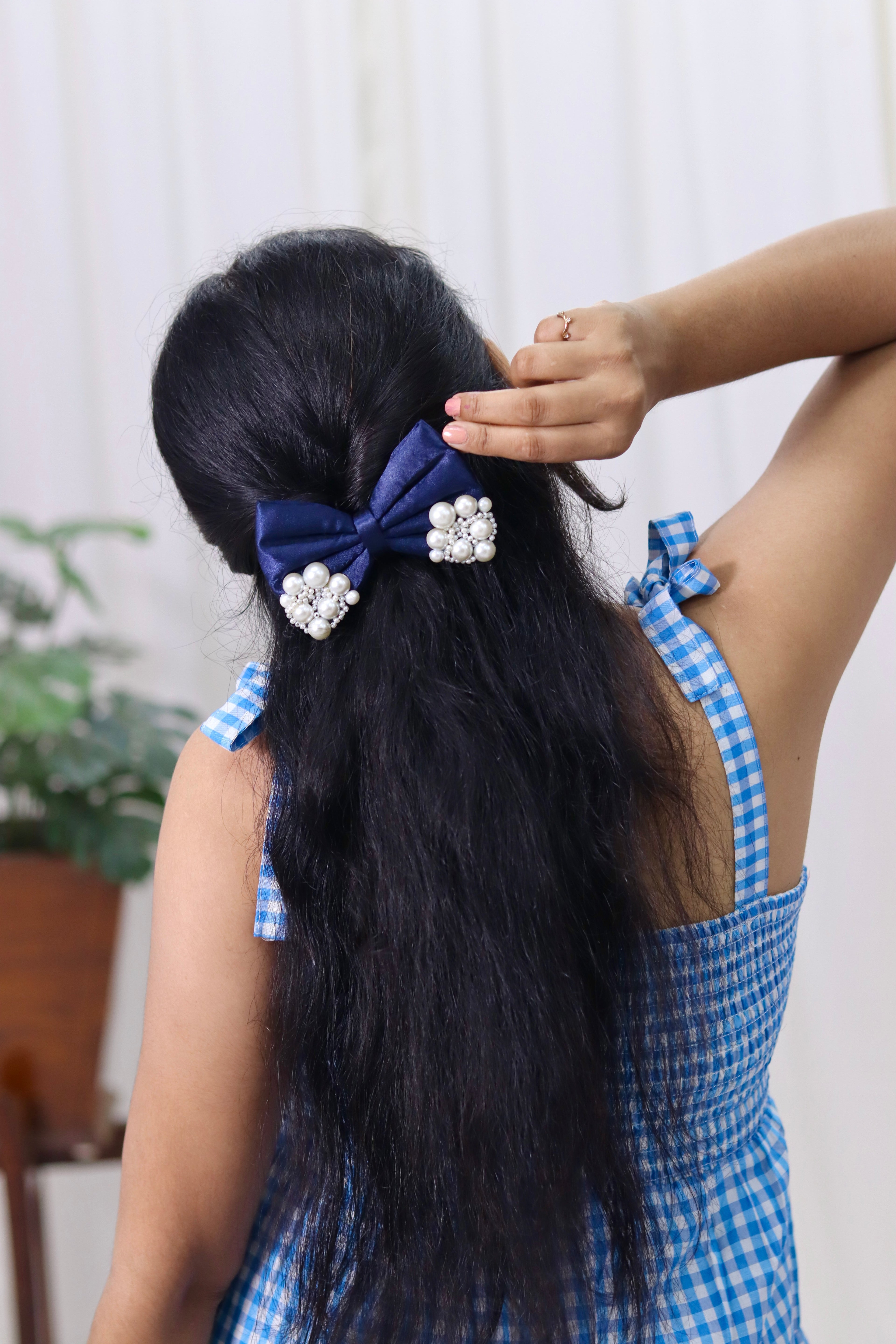 Navy Blue | Premium Satin | Princess Pearl Bow